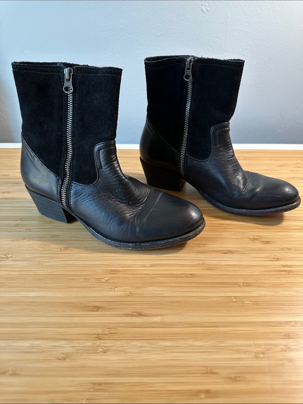 Women's Black Leather & Suede Zip Ankle Boots